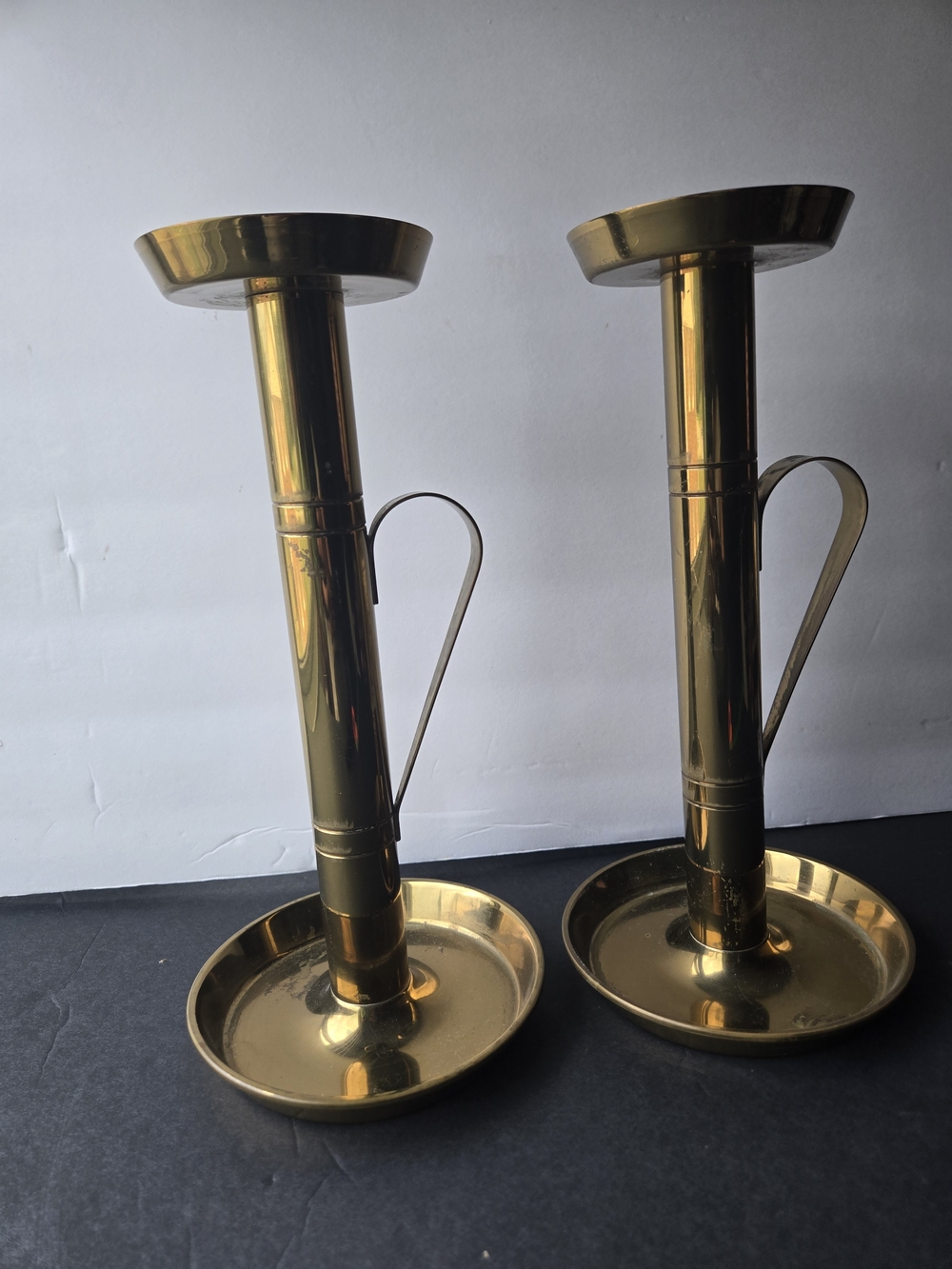 Vintage  Brass Handle Trumpet Candlestick Holders Pair 11" Signed JP